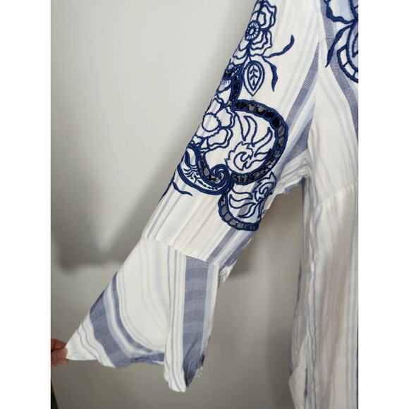Chico's White & Blue Nautical Striped Embroidery Blouse Women 12/14 Boho Coastal - Picture 6 of 14
